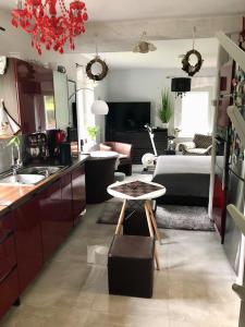 a kitchen and living room with a table and a couch at WYPOSAŻONY apartament przy strumyku w Górach Sowich, Netflix i Smart TV, Odpocznij w naturze! in Walim