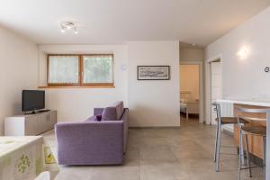 een woonkamer met een paarse stoel en een tafel bij Casa Weekend in Revò