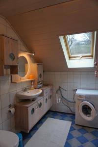 a bathroom with a sink and a washing machine at Ferienwohnung Pietzavka in Wiesenfelden