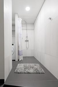 ein Bad mit einer Dusche und einem Teppich in der Unterkunft Buddha Luxury Apartment Kaunas city centre in Kaunas
