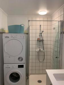 a bathroom with a washing machine and a shower at GlamsBjergHus in Glamsbjerg