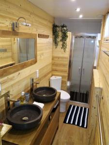 La salle de bains est pourvue d'un lavabo et d'une douche. dans l'établissement Appartement 2 pièces cuisine Les Hermines, à Saint-Nicolas-la-Chapelle