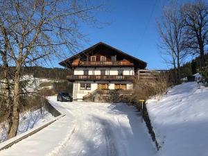 een huis met een auto in de sneeuw bij Leitnhof in Reith im Alpbachtal