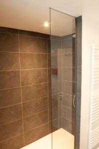 a shower with a glass door in a bathroom at Ferienwohnung Marianne in Oberwesel