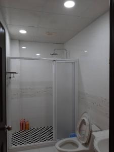 uma casa de banho com um chuveiro, um WC e um lavatório. em Chishang Daoxiang Hotel em Chishang