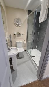 a bathroom with a toilet, sink, and shower at The Lemon Tree in Wrexham