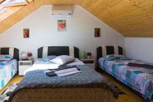 a bedroom with two beds in a attic at Casa de vacanta Marya in Baia de Fier