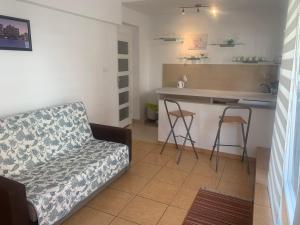 ein Wohnzimmer mit einem Sofa und einer Küche in der Unterkunft Apartamenty Kris in Mikołajki