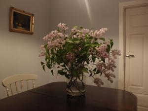 un vaso di fiori rosa seduto su un tavolo di Jałówka - odpocznij na Podlasiu a Jałówka