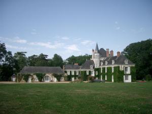 une grande maison avec une pelouse devant elle dans l'établissement Château du Plessis - Anjou, à La Jaille-Yvon