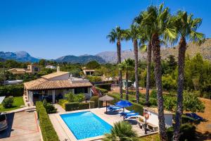 an aerial view of a house with a swimming pool and palm trees at Pantina in Pollença