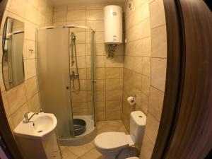 a bathroom with a toilet and a shower and a sink at Willa Admiralska in Jarosławiec
