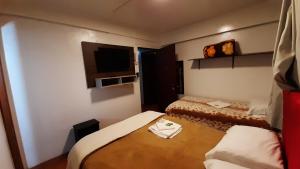 a small hotel room with two beds and a television at Pousada Monte Carlo in São Joaquim