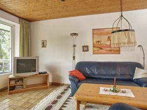ein Wohnzimmer mit einem blauen Sofa und einem TV in der Unterkunft Snug Apartment in St Andreasberg in Harz in Sankt Andreasberg