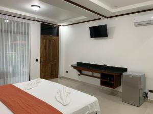a bedroom with a bed and a desk and a television at Hotel Manuel Antonio Park in Manuel Antonio