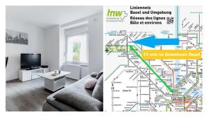 a living room with a map of the subway at Comfort Stay Basel Airport 2A46 in Saint-Louis
