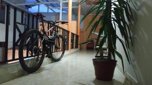 a bike parked on a rail next to a plant at Hotel Dorado Real in Fusagasuga
