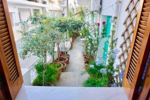 uma varanda cheia de vasos de plantas em Crete Garden Apartments em Agios Nikolaos