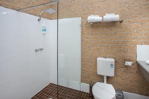 a bathroom with a toilet and a glass shower at Lookout Mountain Retreat in Dorrigo