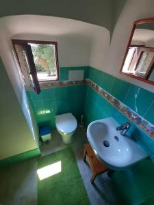 a green bathroom with a sink and a toilet at Il Casale Delle Farfalle in Sirolo