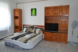 a bedroom with a bed and a flat screen tv at Fészek Apartmanház in Tapolca
