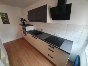 a kitchen with a sink and a tv on the wall at Anni's Waldblick in Burgstaedt +18 photos