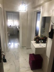 a bathroom with a sink and a mirror at Tudor Apartment in Brăila