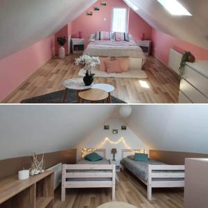 1 dormitorio con paredes rosas y 1 cama en una habitación en Gite Le Minile, en Béthencourt-sur-Mer