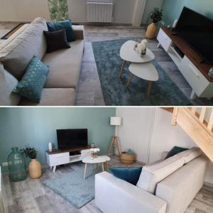 a living room with a couch and a table at Gite Le Minile in Béthencourt-sur-Mer