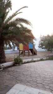 a park with a bench and a palm tree at Chrisanthi Studios in Agios Prokopios