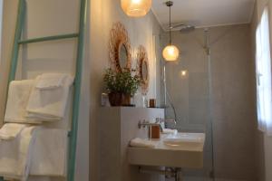 a bathroom with a sink and a shower and a mirror at La maison des champs , Chambres d'hotes , receptions in Novillers-les-Cailloux