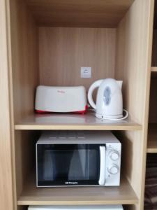 a microwave and a toaster sitting on a shelf at Apartamentos Orvay in San Antonio