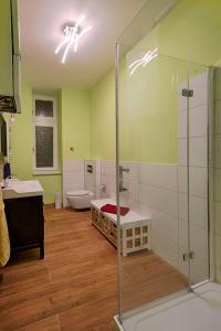 a bathroom with a glass shower and a toilet at Ruhige Ferienwohnung in Kreuzberg in Berlin