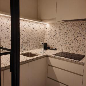 cocina con fregadero y encimera en Ruim en lichtrijk appartement op 100m van zee te Koksijde en Koksijde