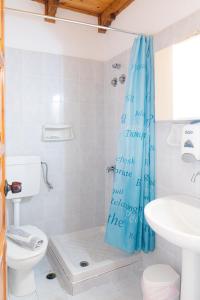 a bathroom with a shower with a blue shower curtain at Hotel Korakakis Beach in Finikounta