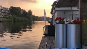 un muelle con flores a orillas de un río en Luxury studio on Robs houseboat special for couples, en Ámsterdam