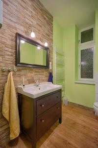 a bathroom with a sink and a mirror and a toilet at Ruhige Ferienwohnung in Kreuzberg in Berlin