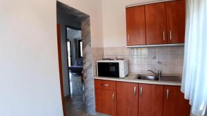 a kitchen with a sink and a microwave at House Anna Houhlia in Vourvourou