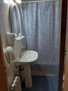 ein Bad mit einem Waschbecken und einem Duschvorhang in der Unterkunft Esmeralda Palace Hotel in Buenos Aires