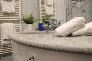 威尼斯的住宿－Ca Donzela，浴室柜台配有水槽和毛巾