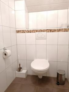 a white bathroom with a toilet and a trash can at Ferienhütte Antonia in Kliening