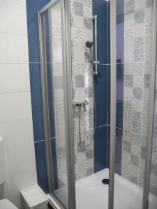 W łazience znajduje się prysznic ze szklanymi drzwiami. w obiekcie Kerámia - Vendégszobák w mieście Szekszárd