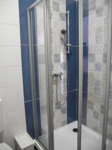 een douche met een glazen deur in de badkamer bij Kerámia - Vendégszobák in Szekszárd