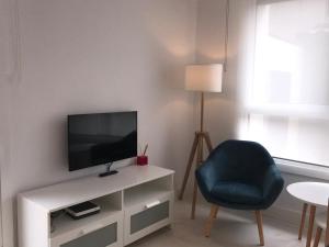 un soggiorno con TV e sedia blu di En el corazón de Orio - Donostia -Reformado- WIFI a Orio