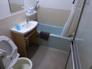 a bathroom with a tub and a sink and a toilet at Oimatsuen in Saku