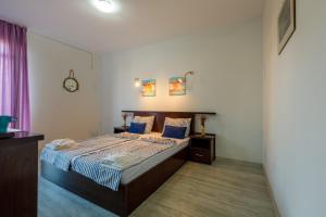 a bedroom with a large bed with blue pillows at Casa Lotca in Costinesti
