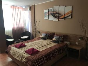 een slaapkamer met een bed met rode kussens erop bij V&V Apartmani in Ćuprija