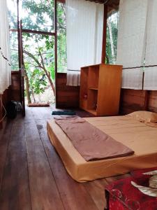 a bedroom with two beds in a room with windows at Bua Guesthouse Tangkahan in Tangkahan