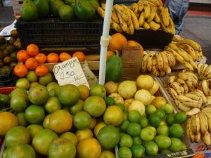 a display of fruits and vegetables in a market at La Maisonnette de l'échappée verte. in Albi