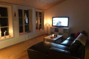 a living room with a couch and a flat screen tv at Strandvägen 6B Stig in Järvsö